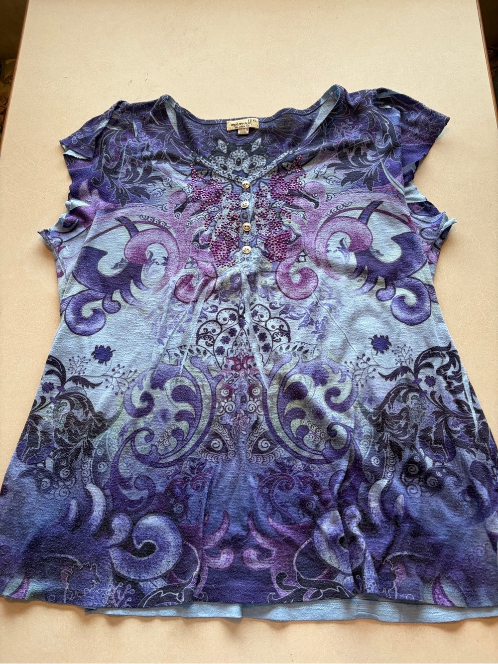 ONE WORLD Purple and Blue Boho Scroll Short-Sleeve Top